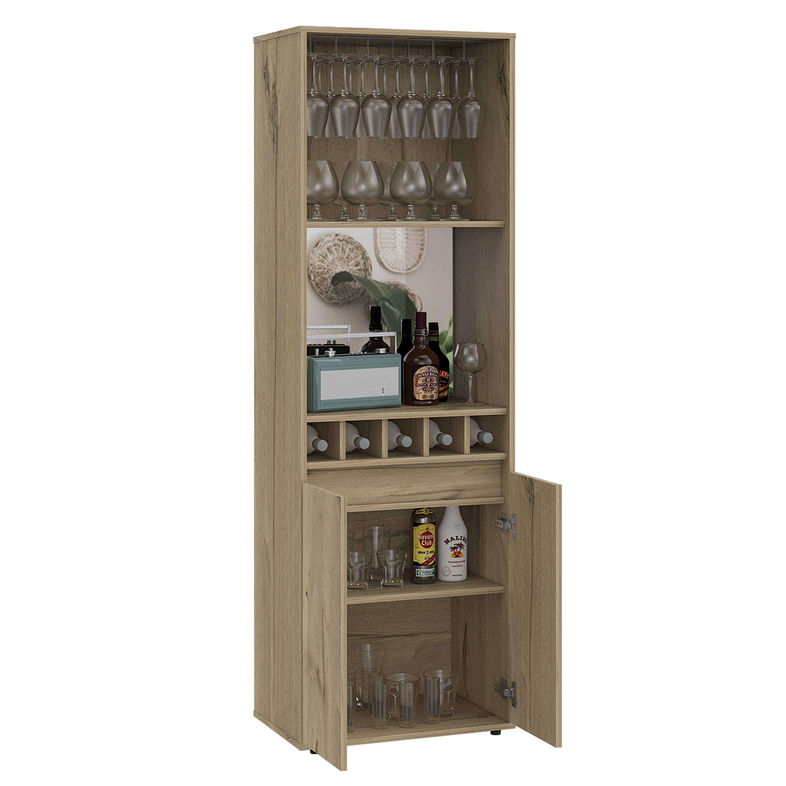 Dallas Bar Double Door Cabinet, 5 Built-in Wine Rack, 2 Shelves, 2 Interior Shelves, Light Oak