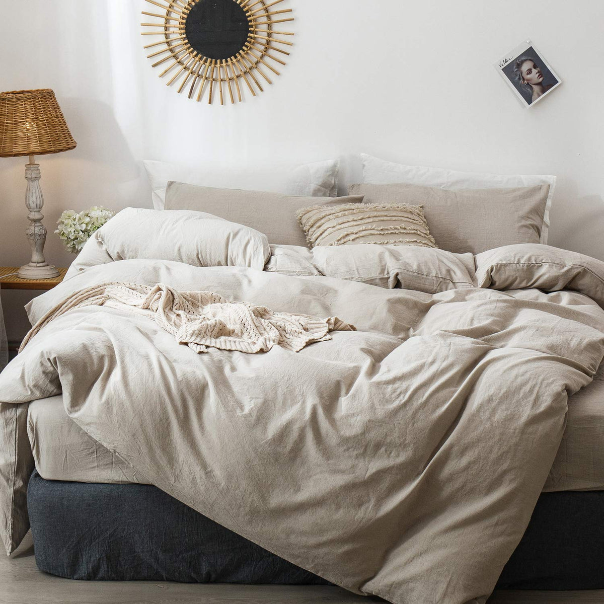 Moomee Bedding Duvet Cover Set 100% Washed Cotton Linen Like Textured Breathable Durable Soft Comfy (Tannish Linen Grey, Super Q