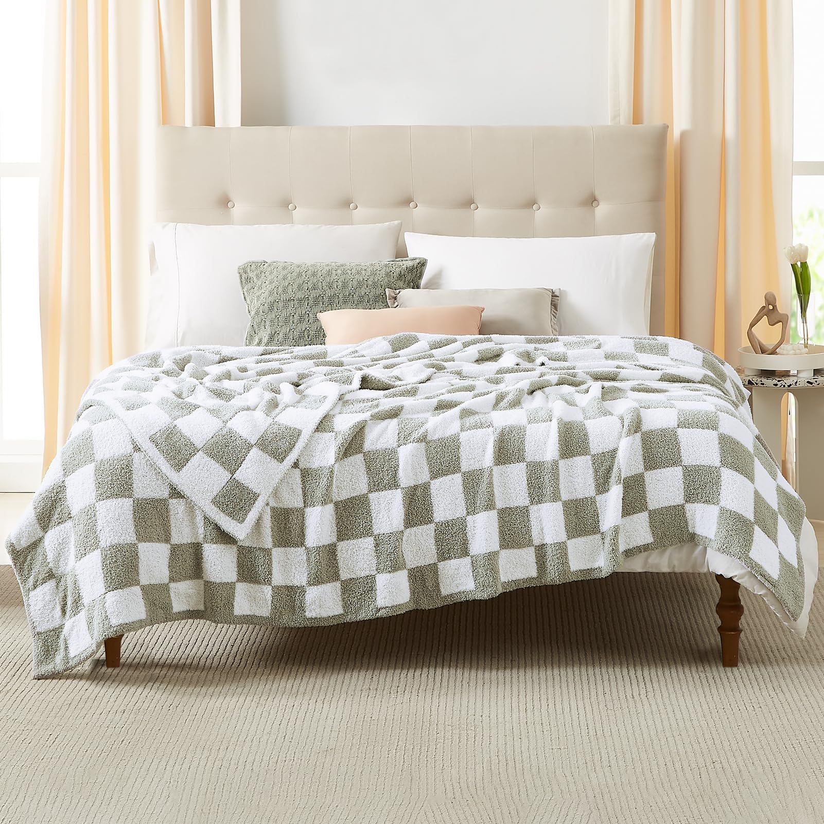 Wrensonge Checkered Throw Blanket, Sage Green Microfiber Soft Cozy Fluffy Warm Hand Made Queen Throw Blankets For Couch, Sofa, C