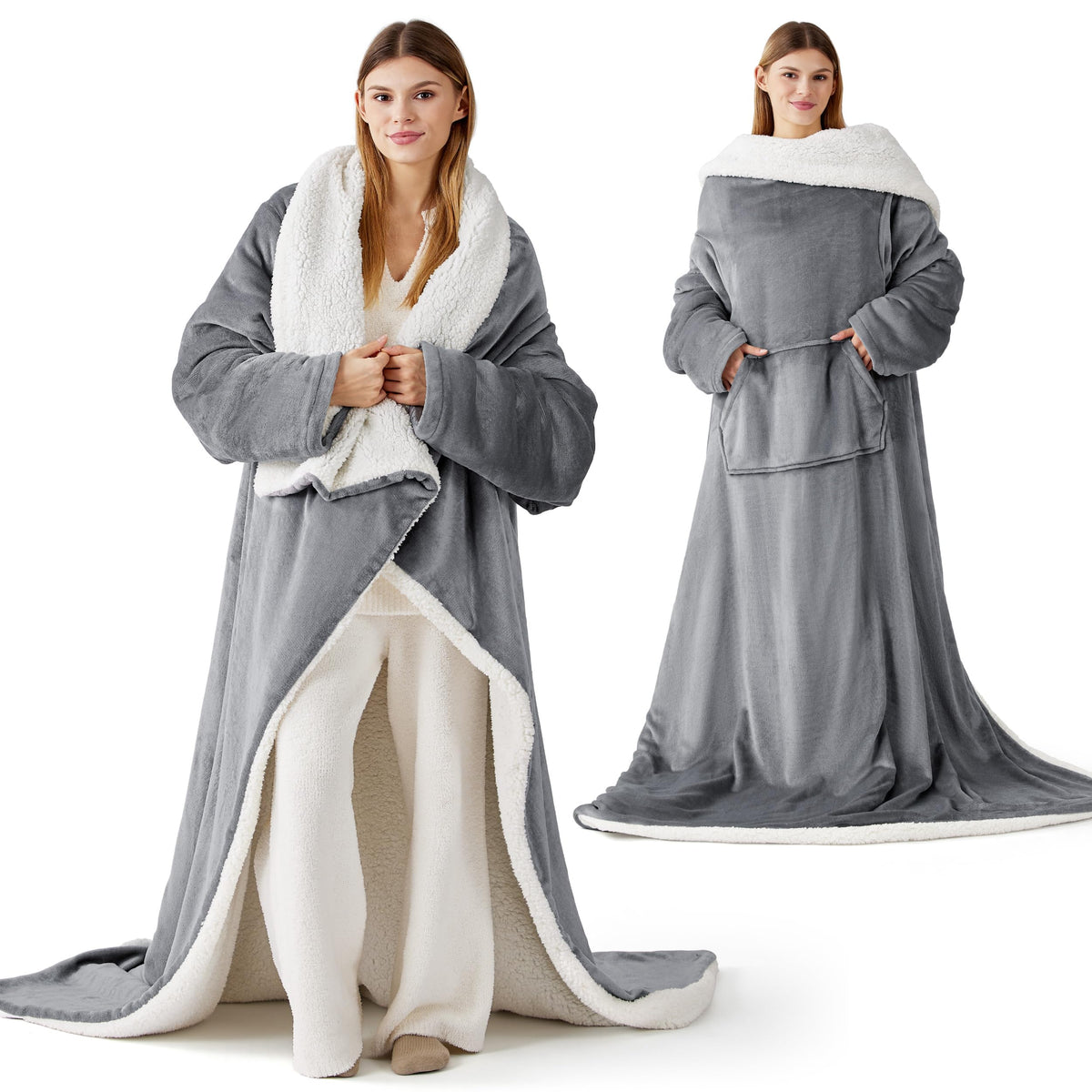 Bedsure Wearable Blankets For Women With Sleeves & Pocket, Warm Throw Blanket Robe With Arms Tv Wrap As Gifts For Women & Men, G