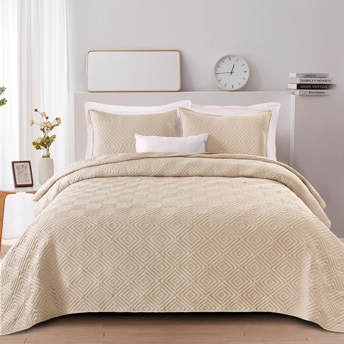Exclusivo Mezcla Quilt Set Queen Full Size, 3 Pieces Soft Lightweight Quilts Brich Beige Bedspreads Coverlets Classic Pattern Be