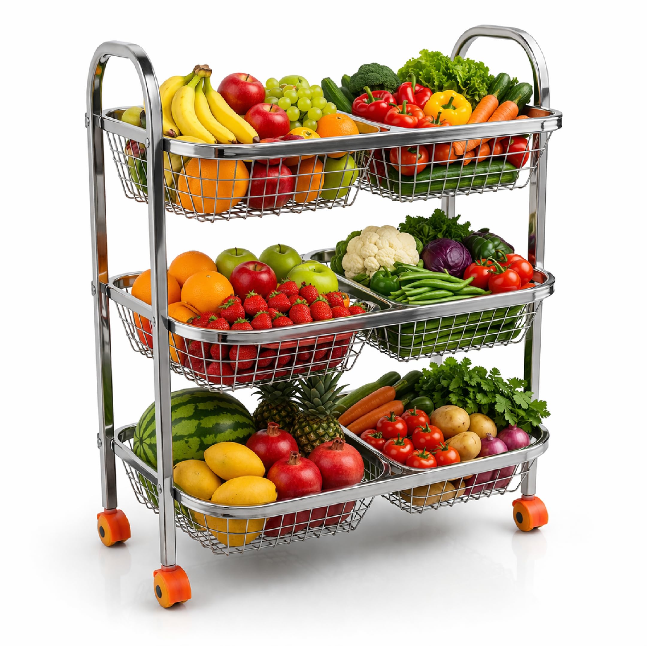 Mikanix Stainless Steel Kitchen Storage Trolley With Wheels | Multipurpose Rolling Basket Organizer Rack For Fruits & Vegetables