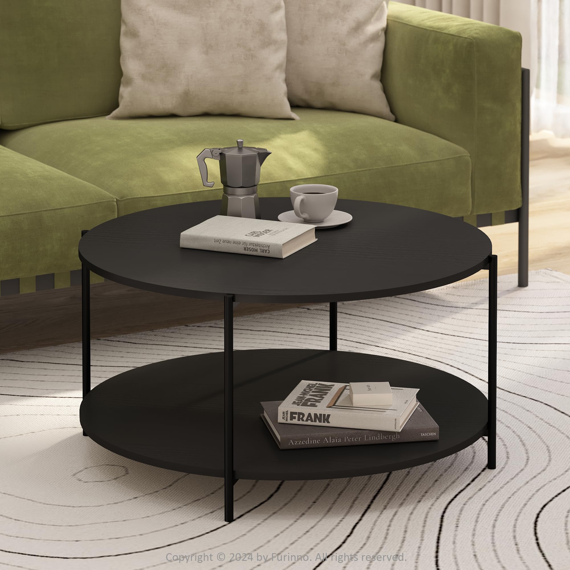 Furinno Besi 2-Tier Modern Round Coffee Table Table with Sturdy Metal Legs, Americano/Black