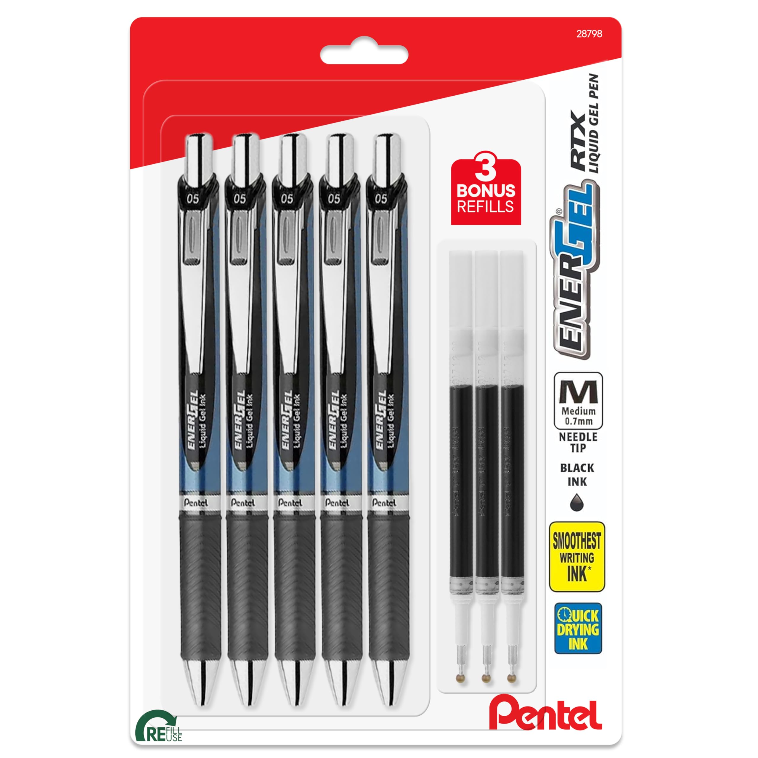 Pentel Energel 0.7 Mm Deluxe Rtx - Energel Liquid Gel Ink Pens 0.7 Mm - Medium Point - Pack Of 5 Black Needle Tip Pens With 3 Re