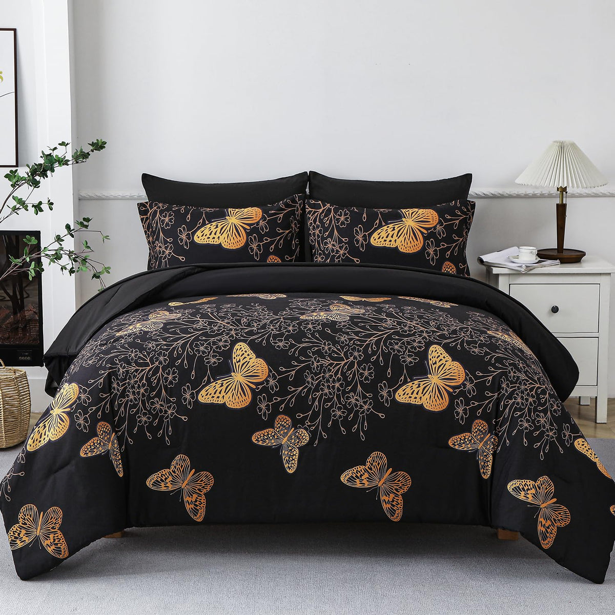 Yogeneg 7 Piece Bed In A Bag King Size Comforter Set Black Bedding Set,Gold Butterfly Leaves Printed On Black Reversible Design,
