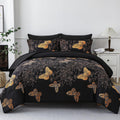 Yogeneg 7 Piece Bed In A Bag Full Size Comforter Set Black Bedding Set,Gold Butterfly Leaves Printed On Black Reversible Design,