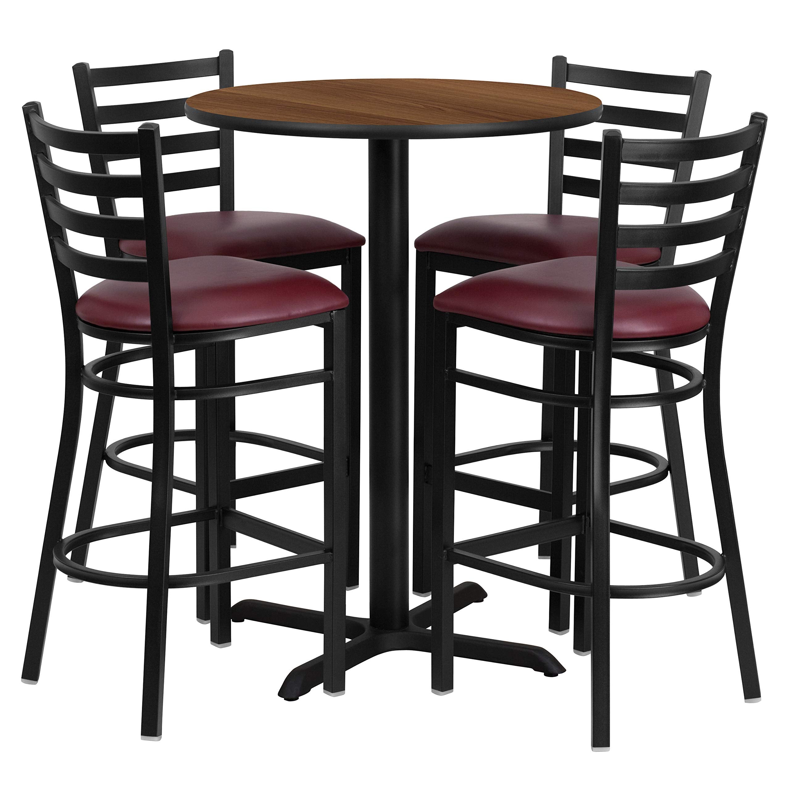 Flash Furniture 30'' Round Walnut Laminate Table Set With X-Base And 4 Ladder Back Metal Barstools - Burgundy Vinyl Seat