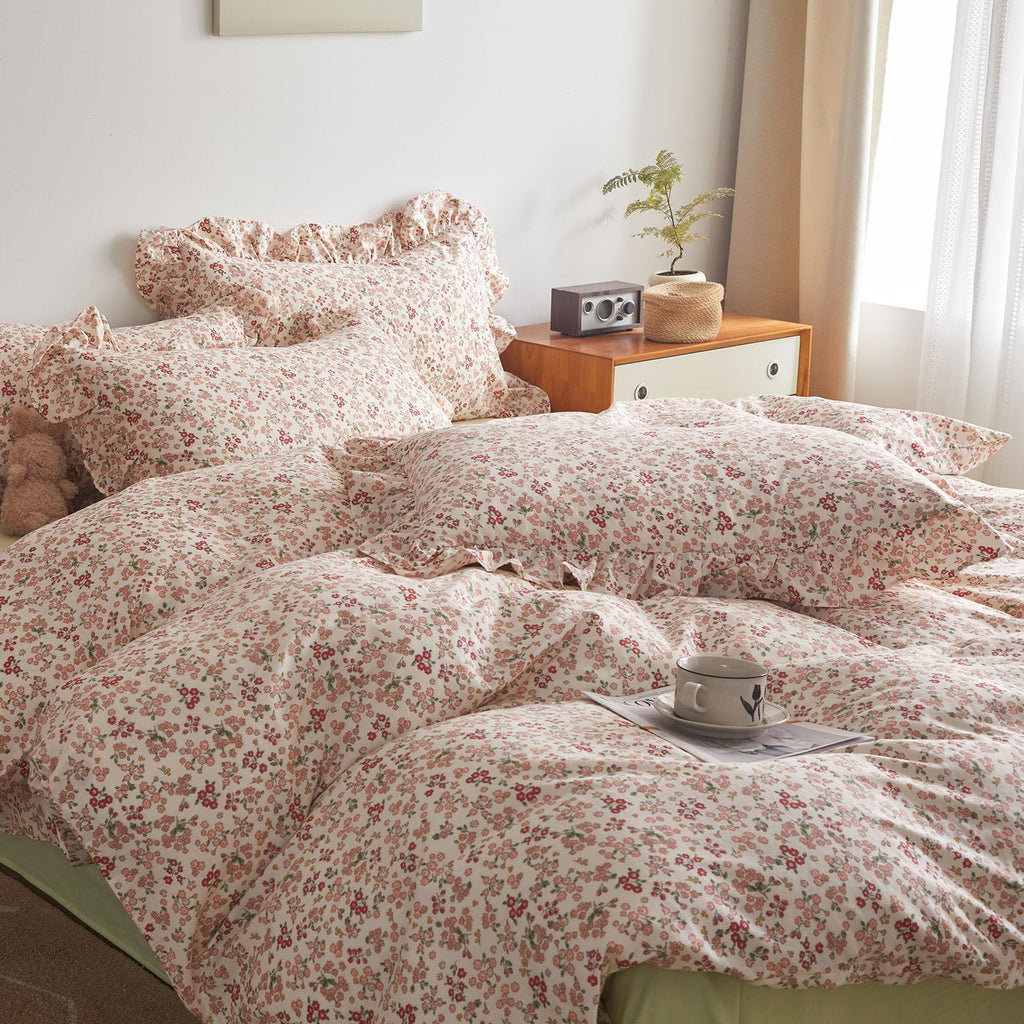 Girls Floral Duvet Cover Queen Pink Red Flower Ruffle Duvet Cover Soft Cotton Vintage Garden Style Lace Floral Bedding Set Queen