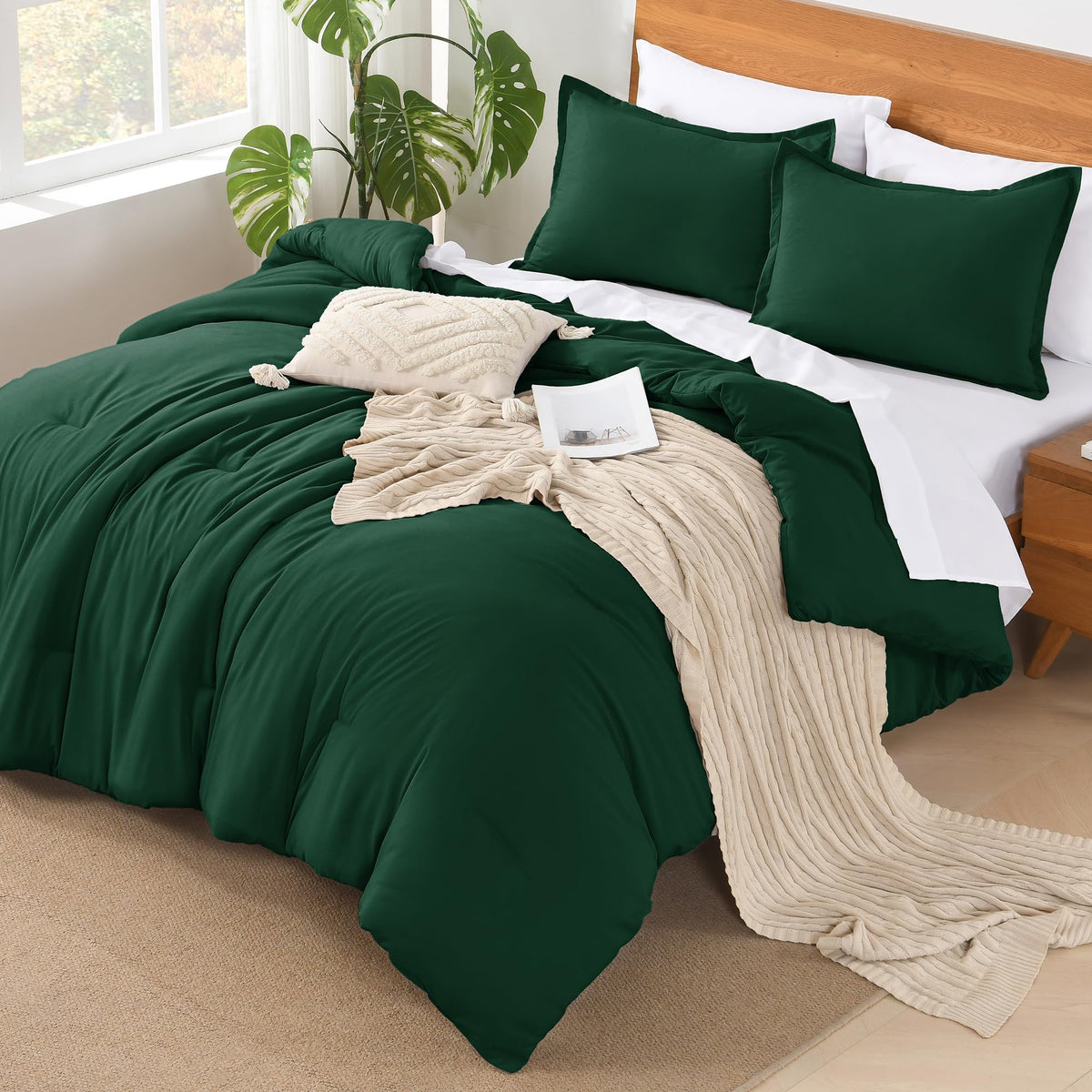 Andency California King Comforter Set Dark Emerald Green - 7 Pieces Bed In A Bag Cal King Bedding Comforter Sets, Summer Solid Soft Lightweight Comforter With Sheets, Pillowcases & Shams