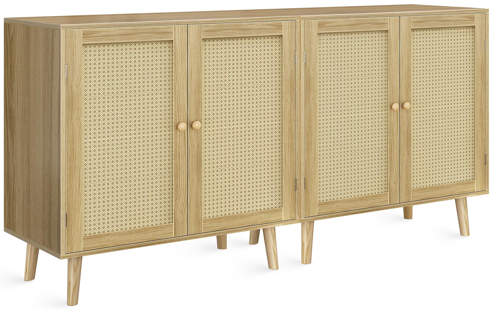 Huuger Buffet Cabinets With Storage, Set Of 2, Storage Cabinets With Synthetic Rattan Doors, Accent Cabinet With Solid Wood Feet, Sideboard Cabinet For Hallway, Entry, Living Room, Natural