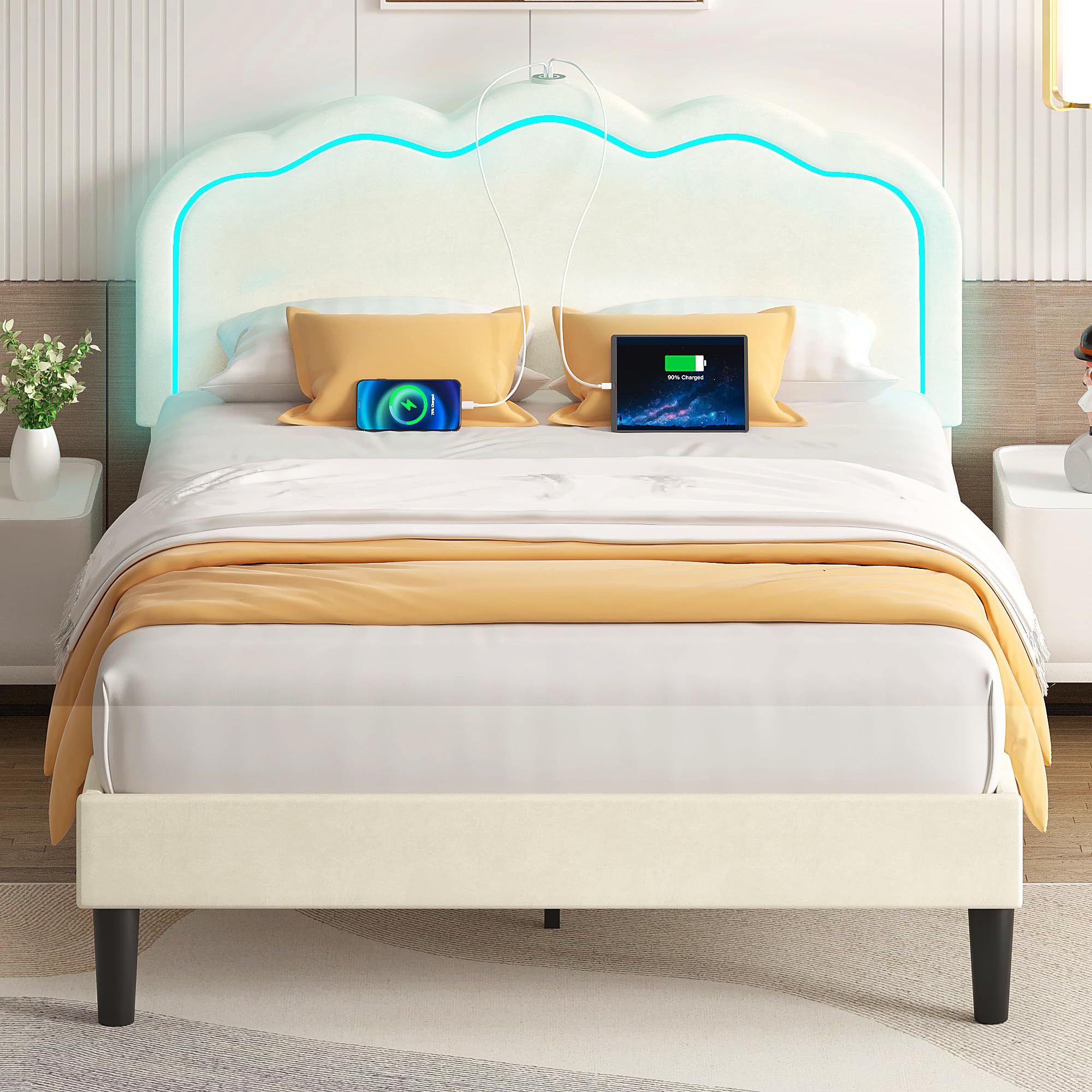 VECELO Upholstered Queen Bed Frame with Headboard Adjustable, LED Lights, USB-A & Type-C, Velvet Platform Bed Noise Free, Mattre