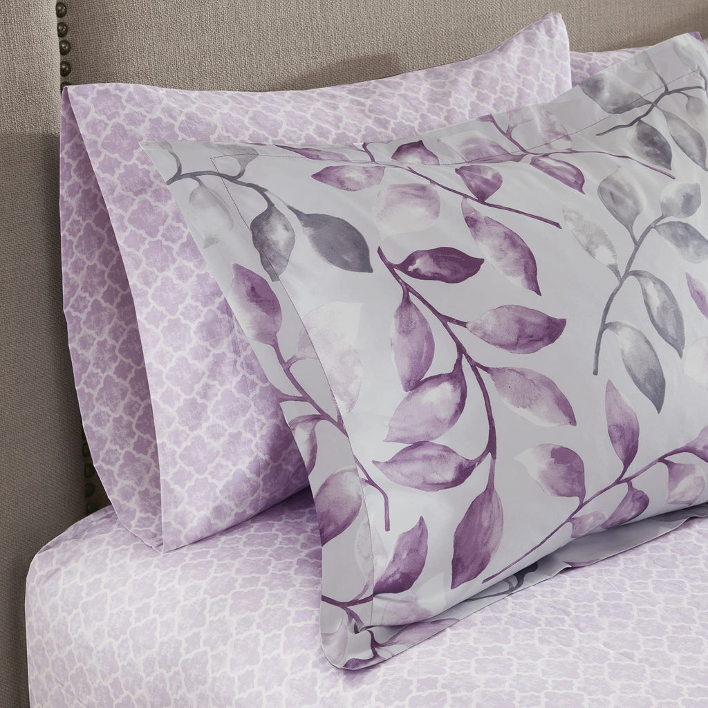 Madison Park Essentials Cozy Bed In A Bag Comforter With Complete Cotton Sheet Set - Trendy Floral Design All Season Cover, Decorative Pillow, King(104'X92'), Leaf Purple 9 Piece
