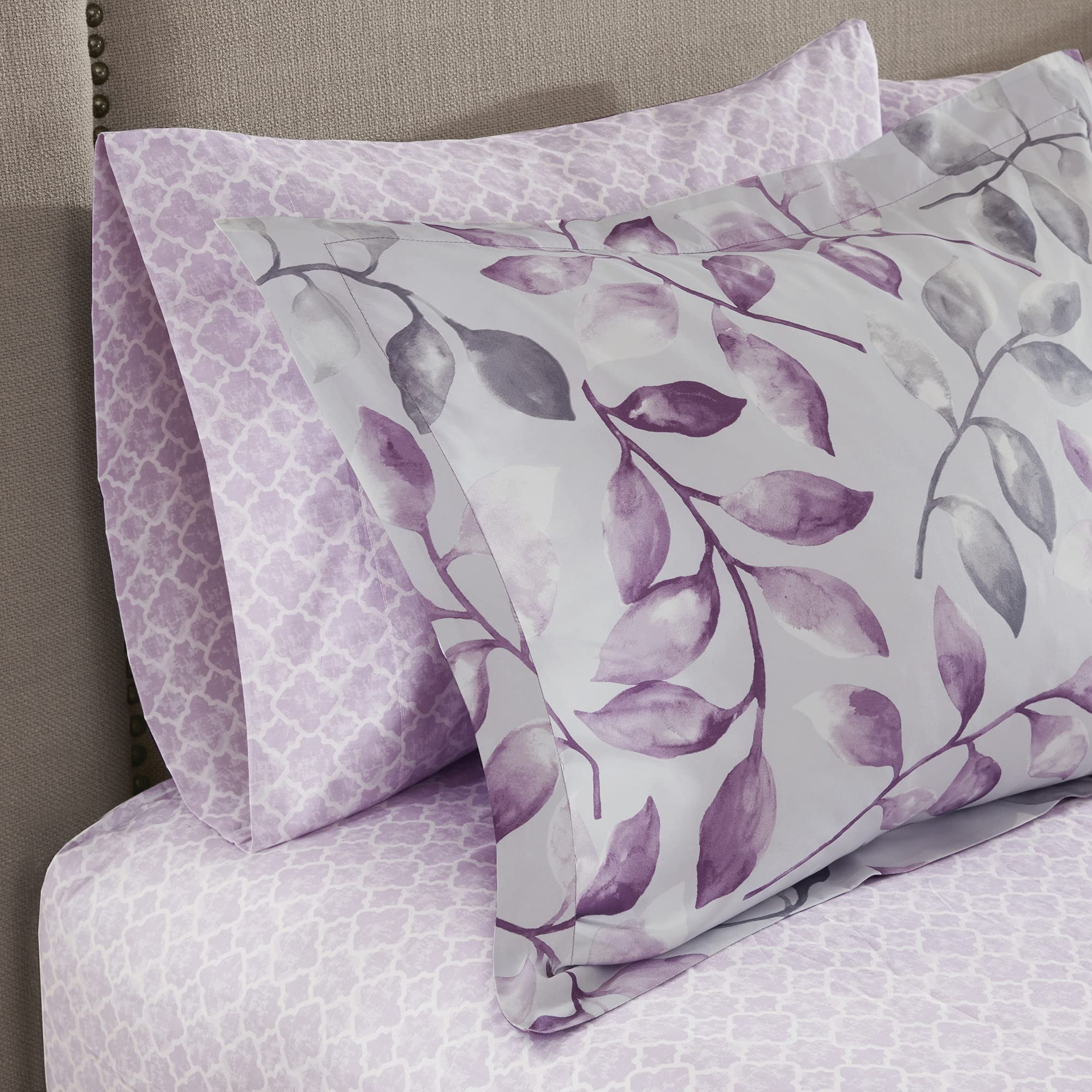 Madison Park Essentials Cozy Bed In A Bag Comforter With Complete Cotton Sheet Set - Trendy Floral Design All Season Cover, Decorative Pillow, King(104'X92'), Leaf Purple 9 Piece