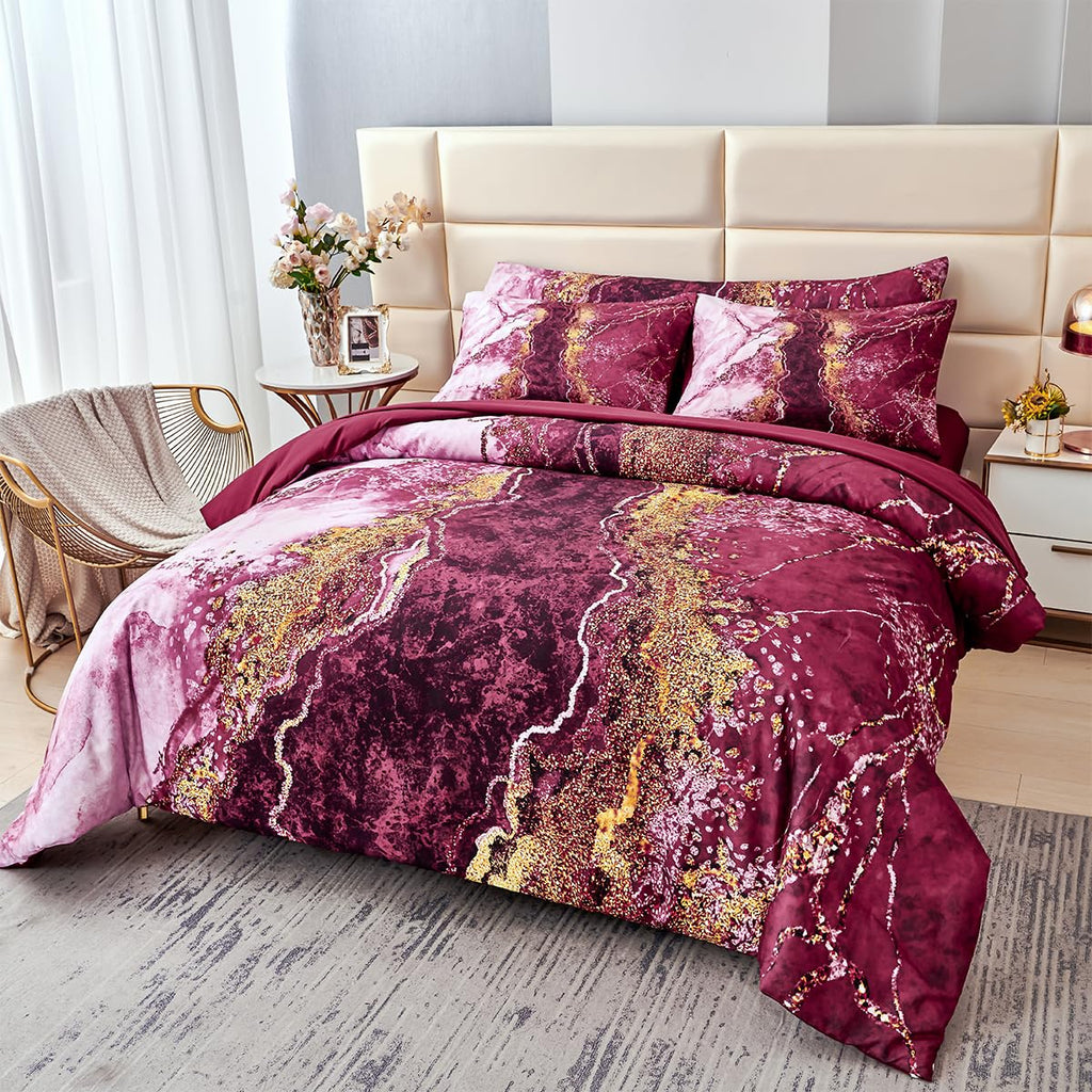 Perfemet 6-Piece Bed In A Bag Queen Burgundy Marble Comforter Set With Sheets Aesthetic Retro Artwork Style Dark Red Bedding Set