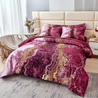 Perfemet 6-Piece Bed In A Bag Queen Burgundy Marble Comforter Set With Sheets Aesthetic Retro Artwork Style Dark Red Bedding Set