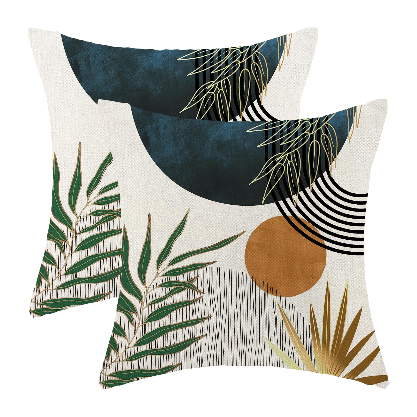 Boho Pillow Covers 20X20 Set Of 2 Green Gold Navy Blue Throw Pillow Cover Mid Century Bohemian Style Tropical Leaf Pillowcase Fa