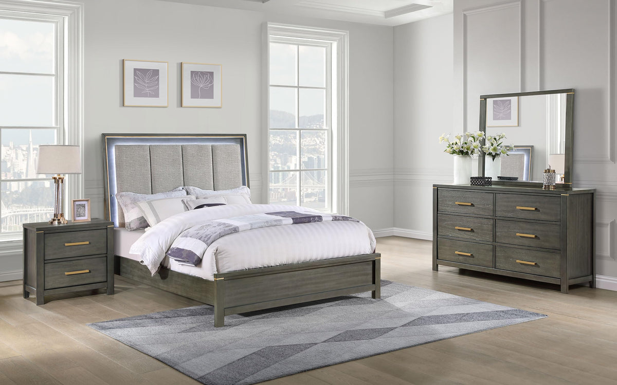 Coaster Home Furnishings Kieran 4-Piece California King Bedroom Set with Upholstered LED Headboard Grey