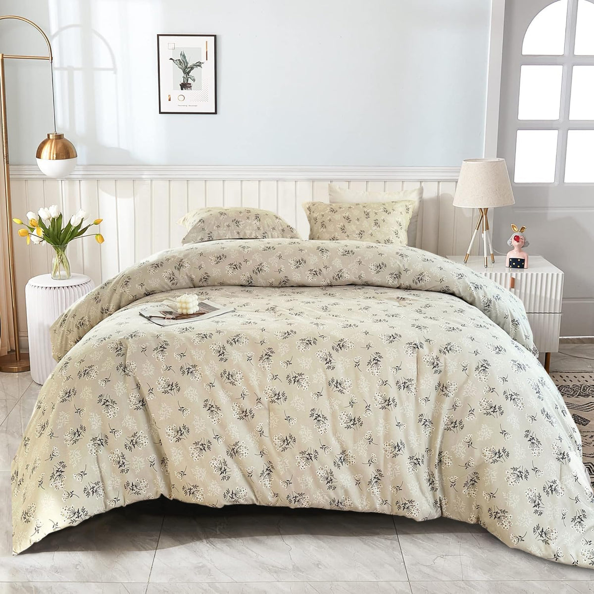 Eavd Boho Floral Comforter King Soft Washed Microfiber Garden Floral Bedding King Comforter Set With 2 Pillowcases Chic Shabby R