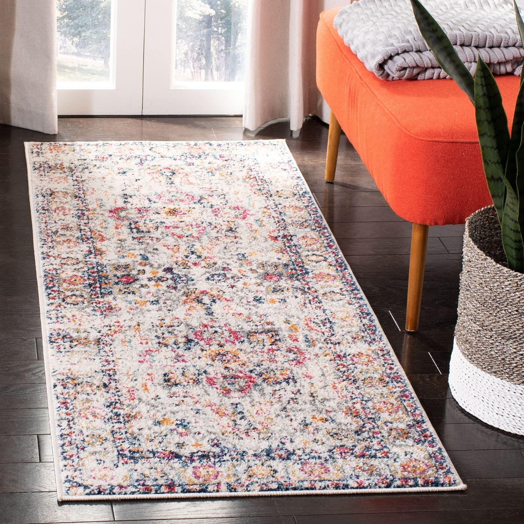 SAFAVIEH Madison Collection Runner Rug - 23 x 6, Fuchsia & Ivory, Snowflake Medallion Distressed Design, Non-Shedding & Easy C