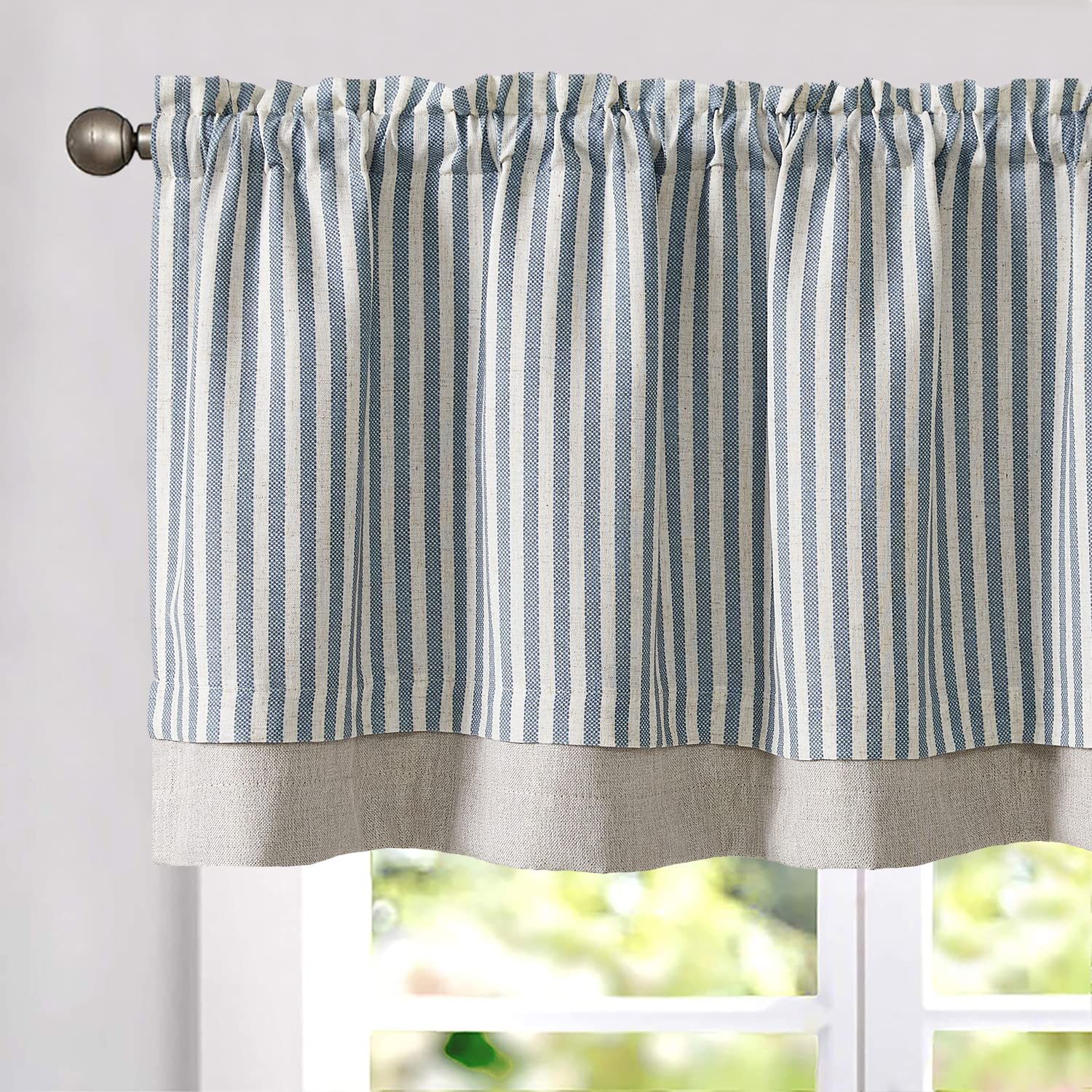 Jinchan Linen Valance Curtain Stripe Valance For Windows 16 Inch Blackout Kitchen Curtain Farmhouse Double Layer Valance For Living Room Laundry Ticking Stripe Valance Rod Pocket 1 Panel Blue On Beige