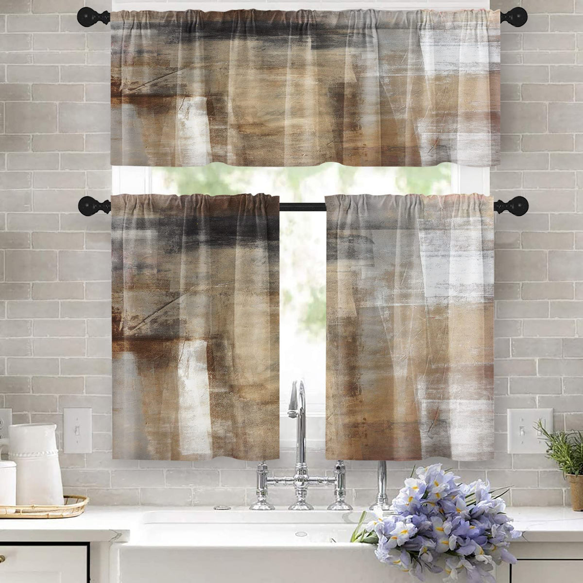 Tayney Brown Kitchen Curtains Grey Beige Window Curtains Valance And Tier Set, Modern Rod Pocket Short Tier Curtain, Abstract Ar