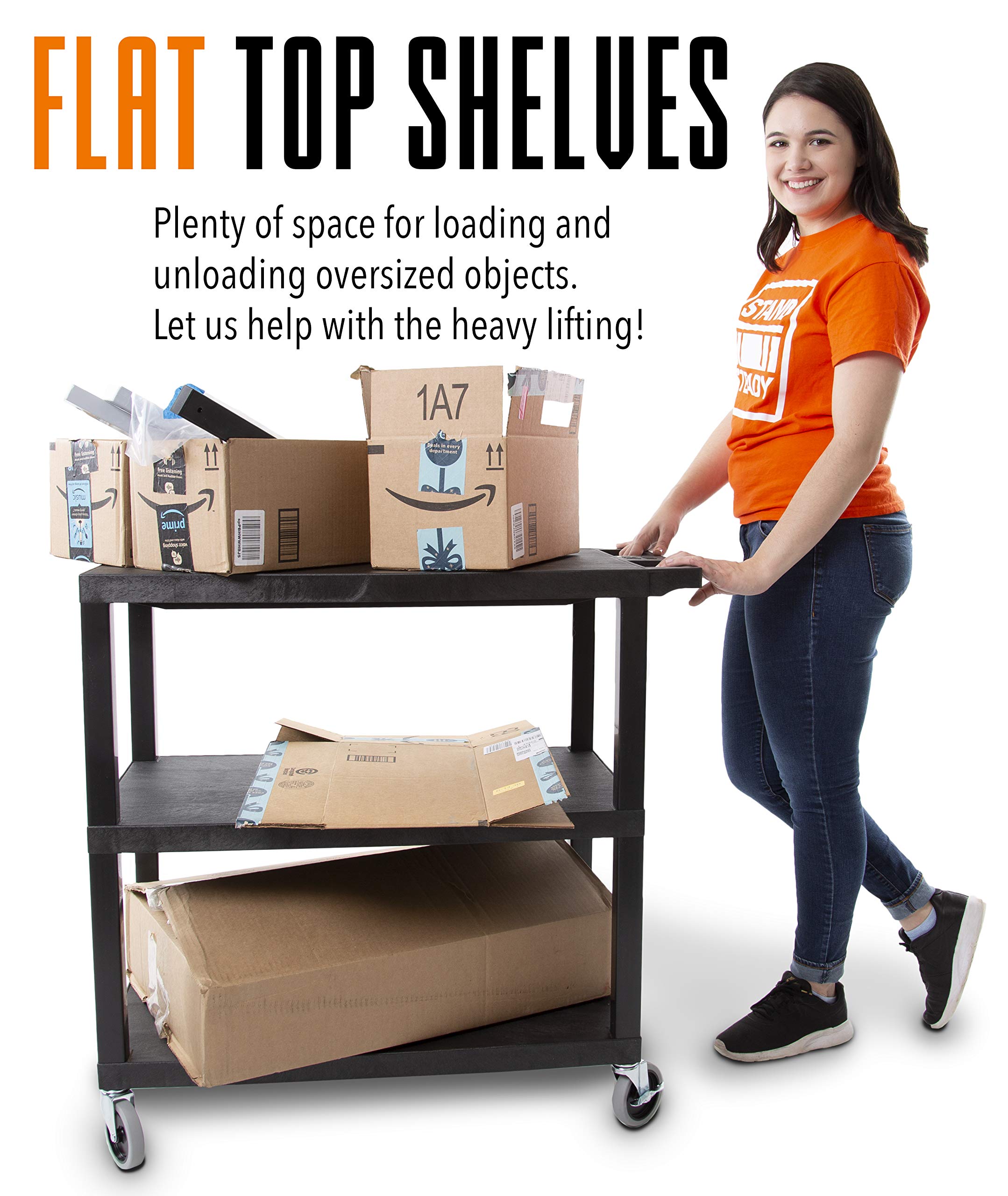 Stand Steady Tubstr 3 Flat Top Shelf Utility Cart Supports Up To 400 Lbs - Heavy-Duty Plastic Service Push Cart With Three Flat Shelves, For Offices, Warehouse Storage, Garage Tools (Black, 35 X 18)