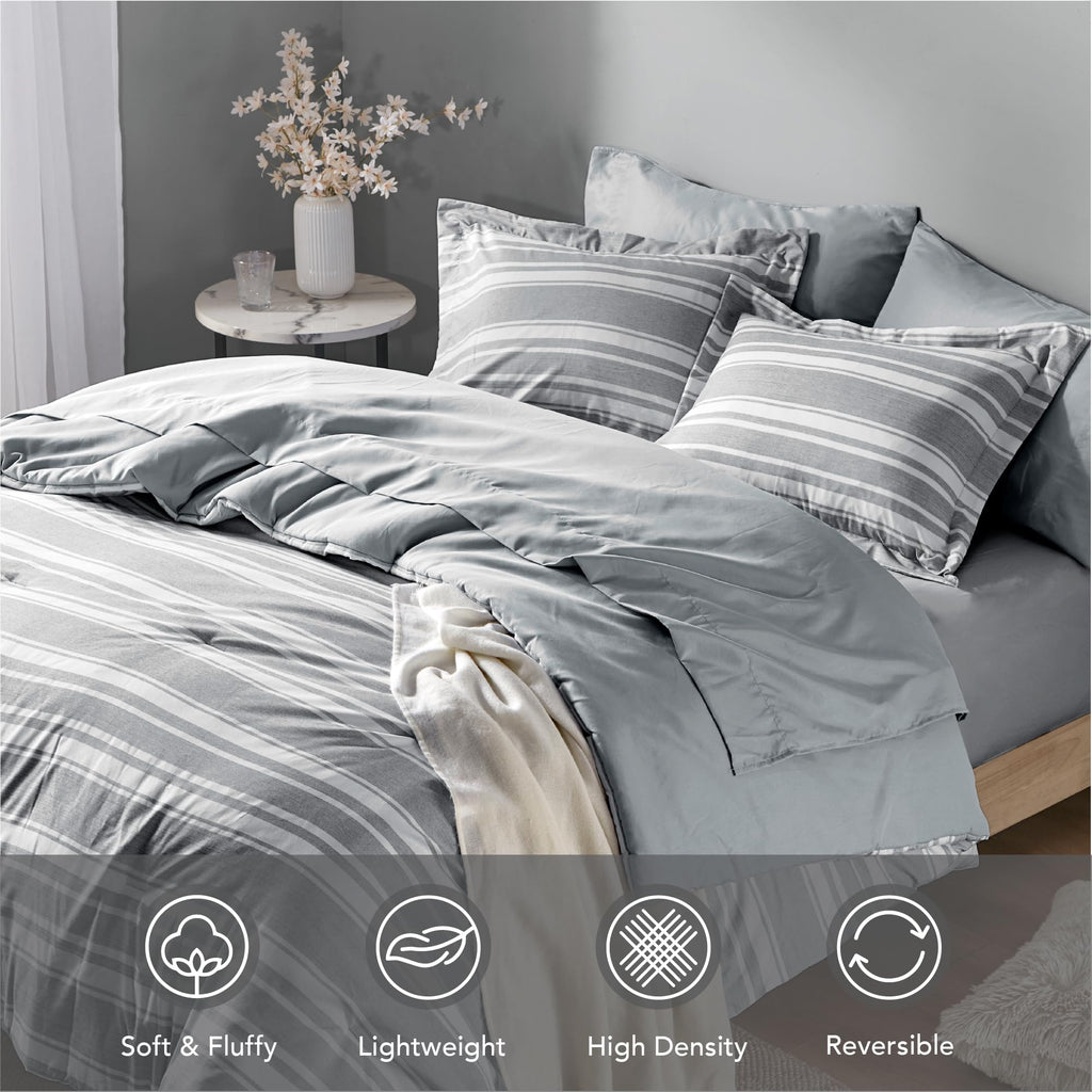 King Size Bed In A Bag, Full Bedding Sets, Modern Farmhouse Grey And White Striped Comforter With Sheets, 7-Piece Complete Bedro