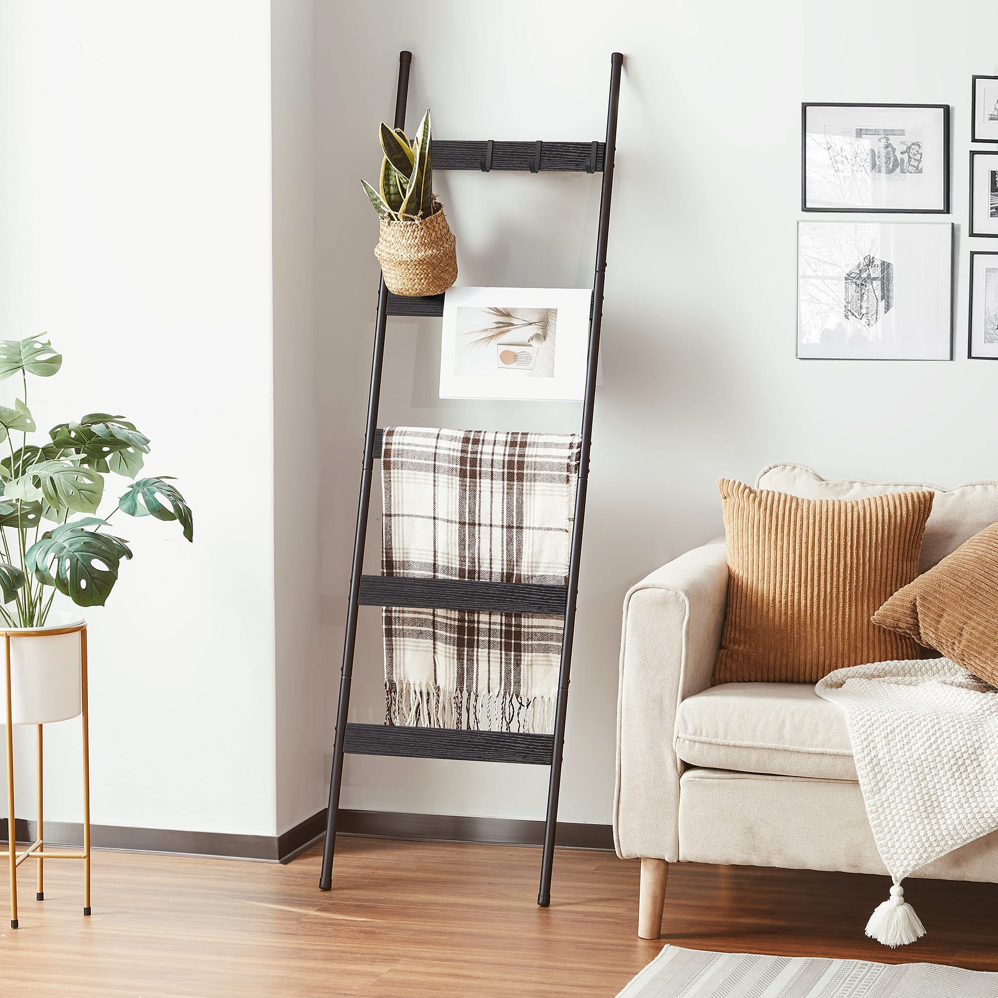 Elyken Blanket Ladder For Living Room, Farmhouse 5 -Tier Quilt Holder With 4 Removable Hooks For Bathroom, Wood Towel Rack Displ