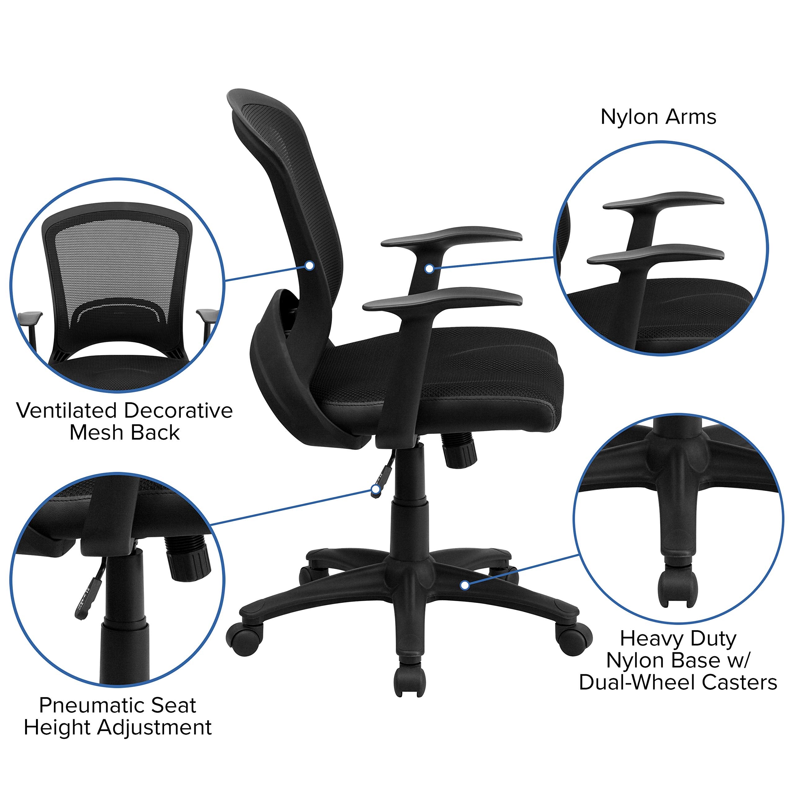 Flash Furniture Manny Mid-Back Designer Black Mesh Swivel Task Office Chair with Arms