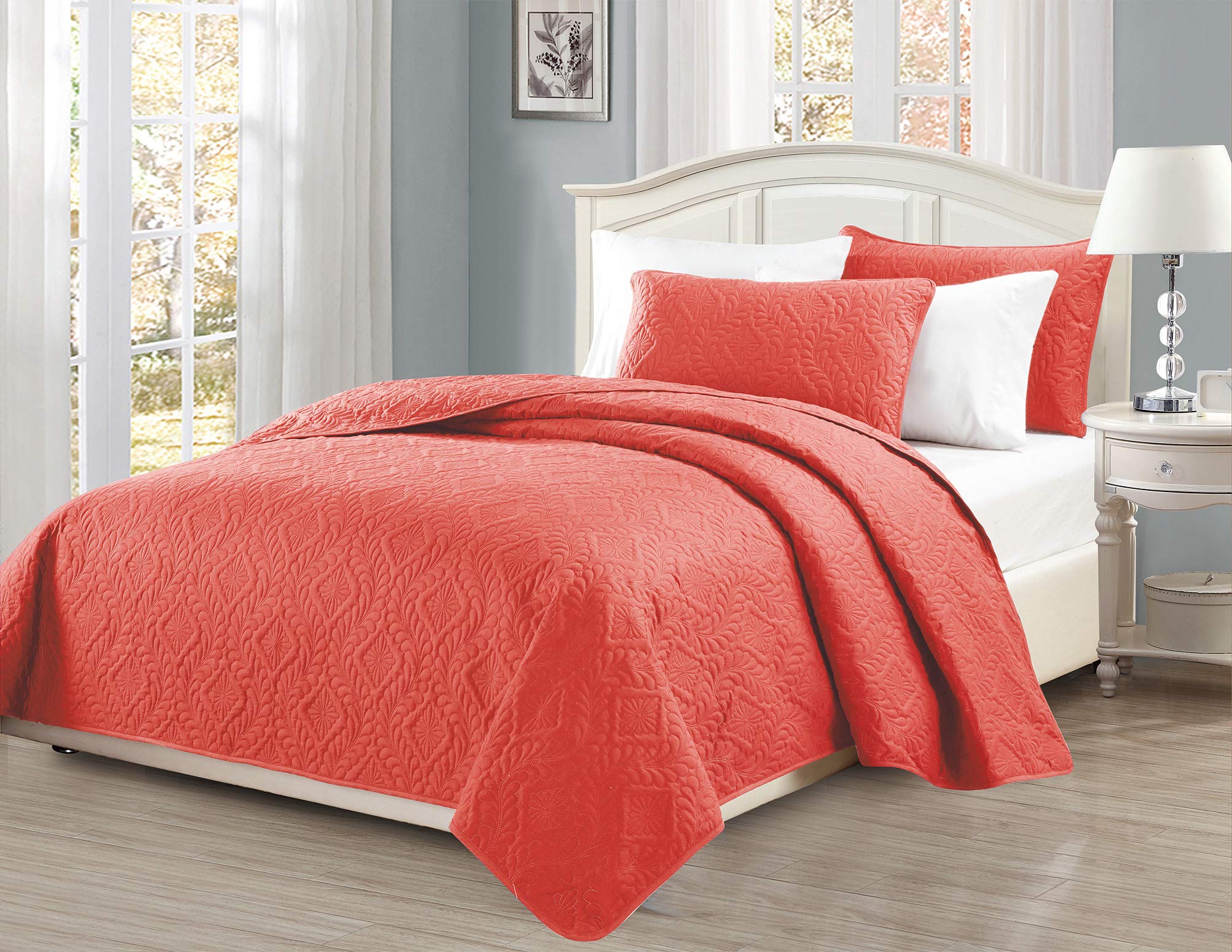 Mk Collection Full/Queen Size Over Size 100'X106' 3Pc Diamond Bedspread Bed-Cover Embossed Solid Coral New