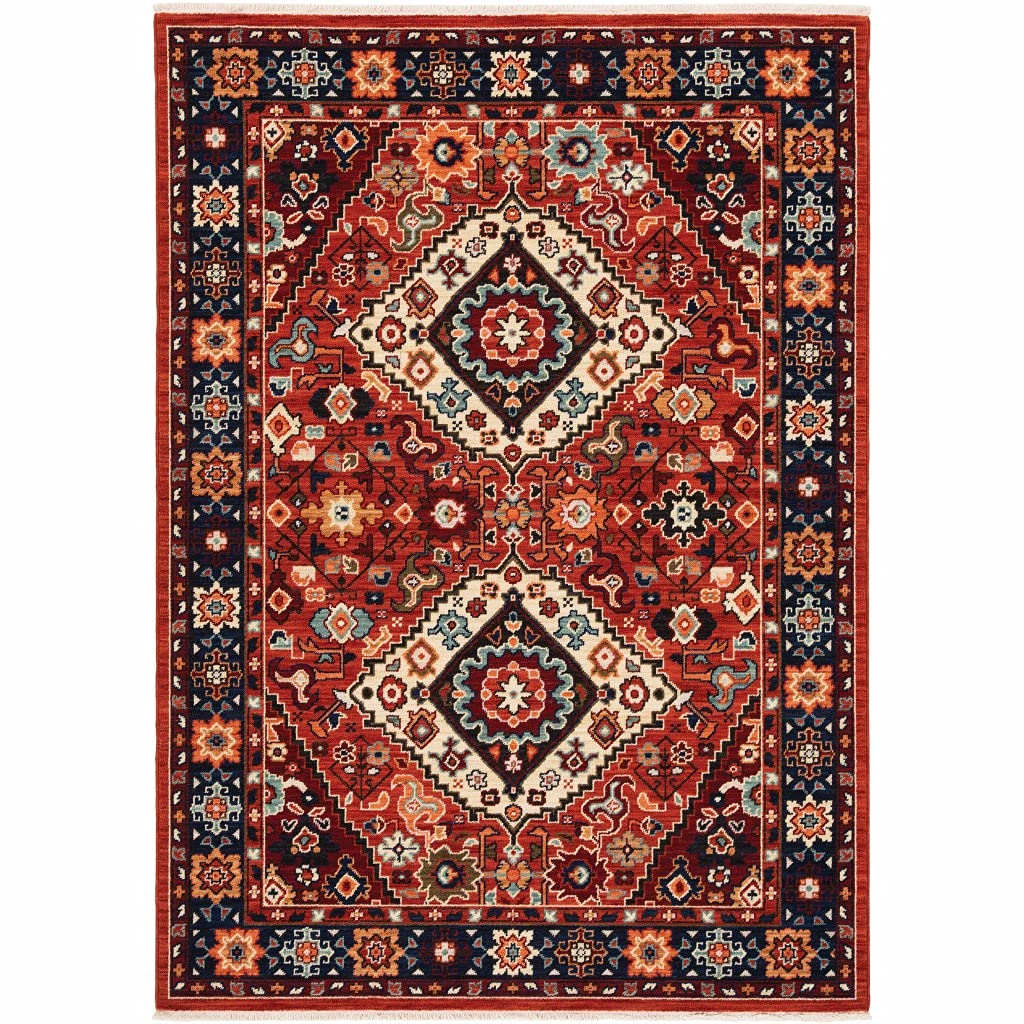 HomeRoots Wool, Nylon 6' x 9' Red Blue Machine Woven Oriental Indoor Area Rug