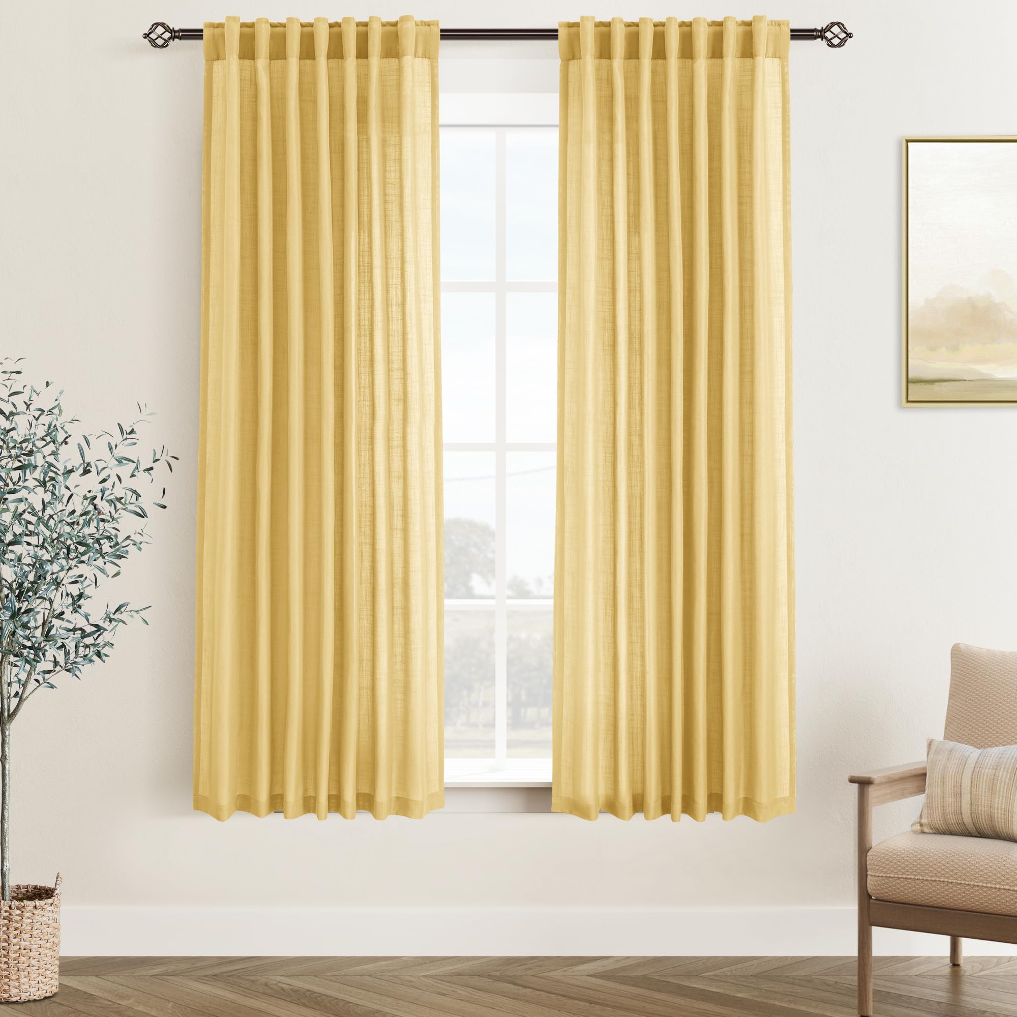 Jolilight Gold Curtains for Living Room Back Tab Modern Farmhouse Semi Sheer Gold Curtains 63 inches Long 2 Panels Set Muted Neu