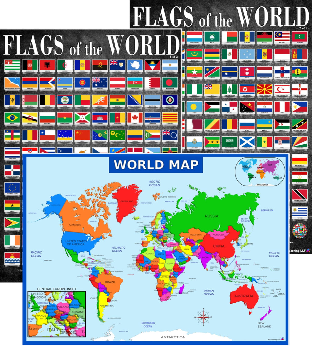 3D Learning LLF World Map and Flags Educational Charts Laminated 14x19.5" Red