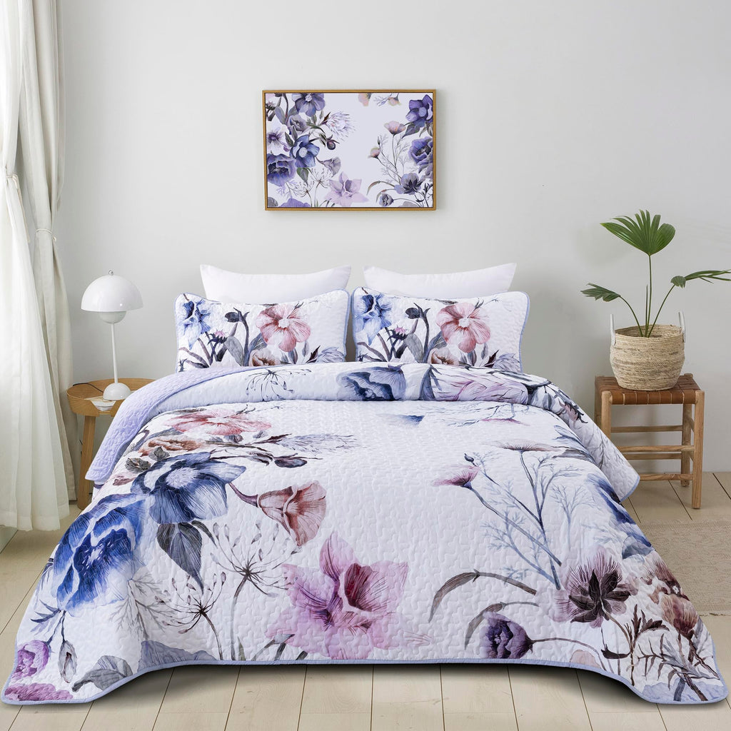 Drucon Floral Quilt Set King 3 Pieces Light Blue Floral Quilt Coverlet Set Soft Microfiber Lightweight Light Blue Quilted Bedspr