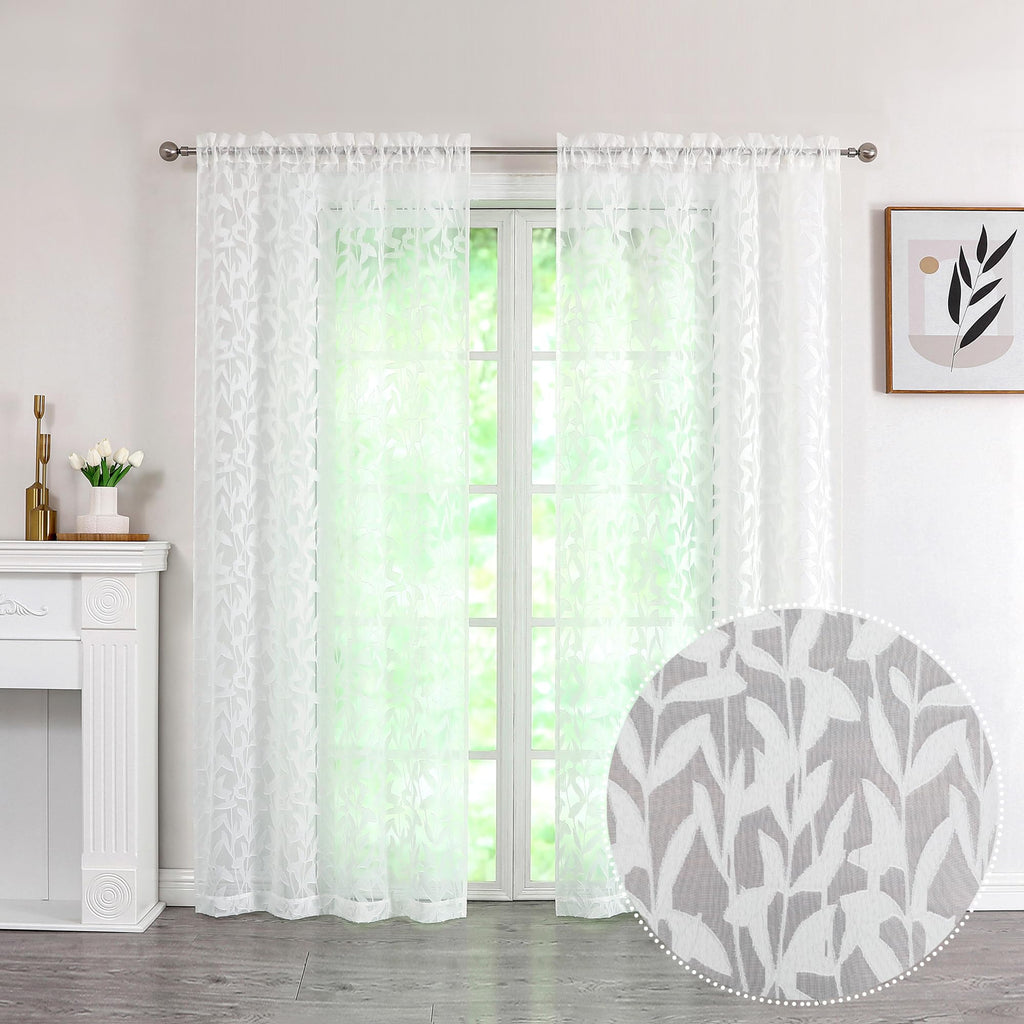 Lecloud Leia Living Room Sheer White Curtains 72 Inches Long, Light Filtering Semi Voile Curtains Jacquard Texture Bedroom Panel