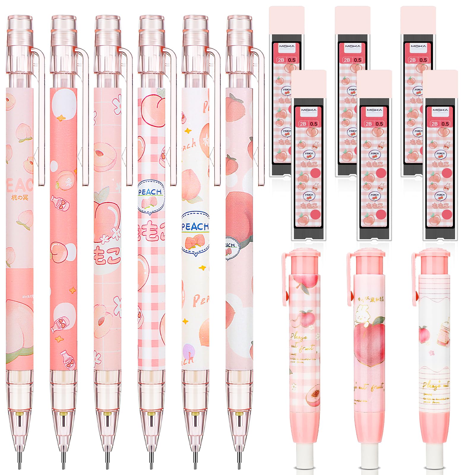 Sabary Kawaii Mechanical Pencil Set Include Peach Mechanical Pencils With Tubes 0.5 Mm Pencil Refills And Cute Peach Erasers Fir