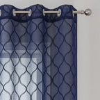 Bujasso Navy Blue Sheer Curtains 54 Inch Embroidery Geometric Light Filtering Short Curtain Panels For Living Room Kitchen Moder