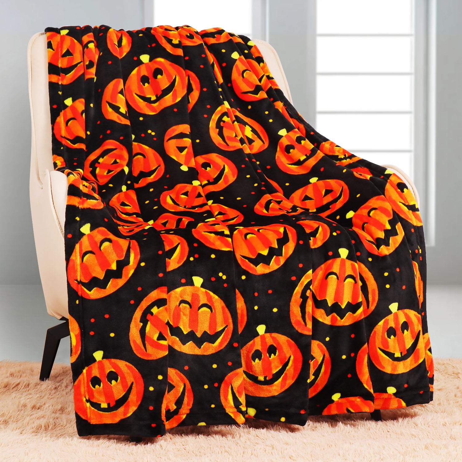 Yisumei Halloween Blanket, Soft And Cozy Reversible Jack O Lantern Pumpkin Pattern Throw, Spooky Funny Horror Ambiance Sense Dec
