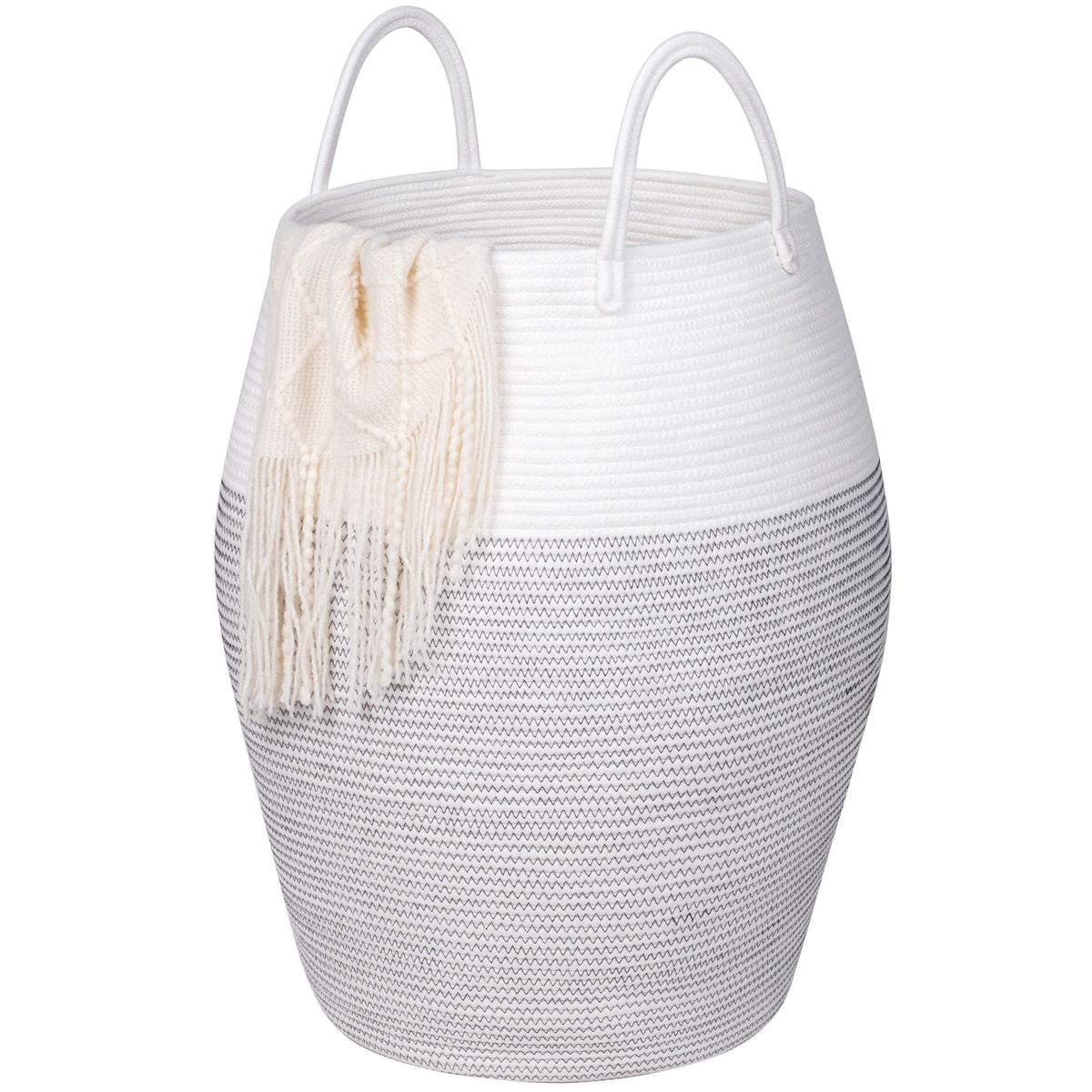 Mintwood Design Extra Large 25.6 Inches High Decorative Woven Cotton Rope Basket, Tall Laundry Hamper With Handles, Blanket Basket Living Room, Storage Baskets For Toys, Throws, Pillow, Black Stitches