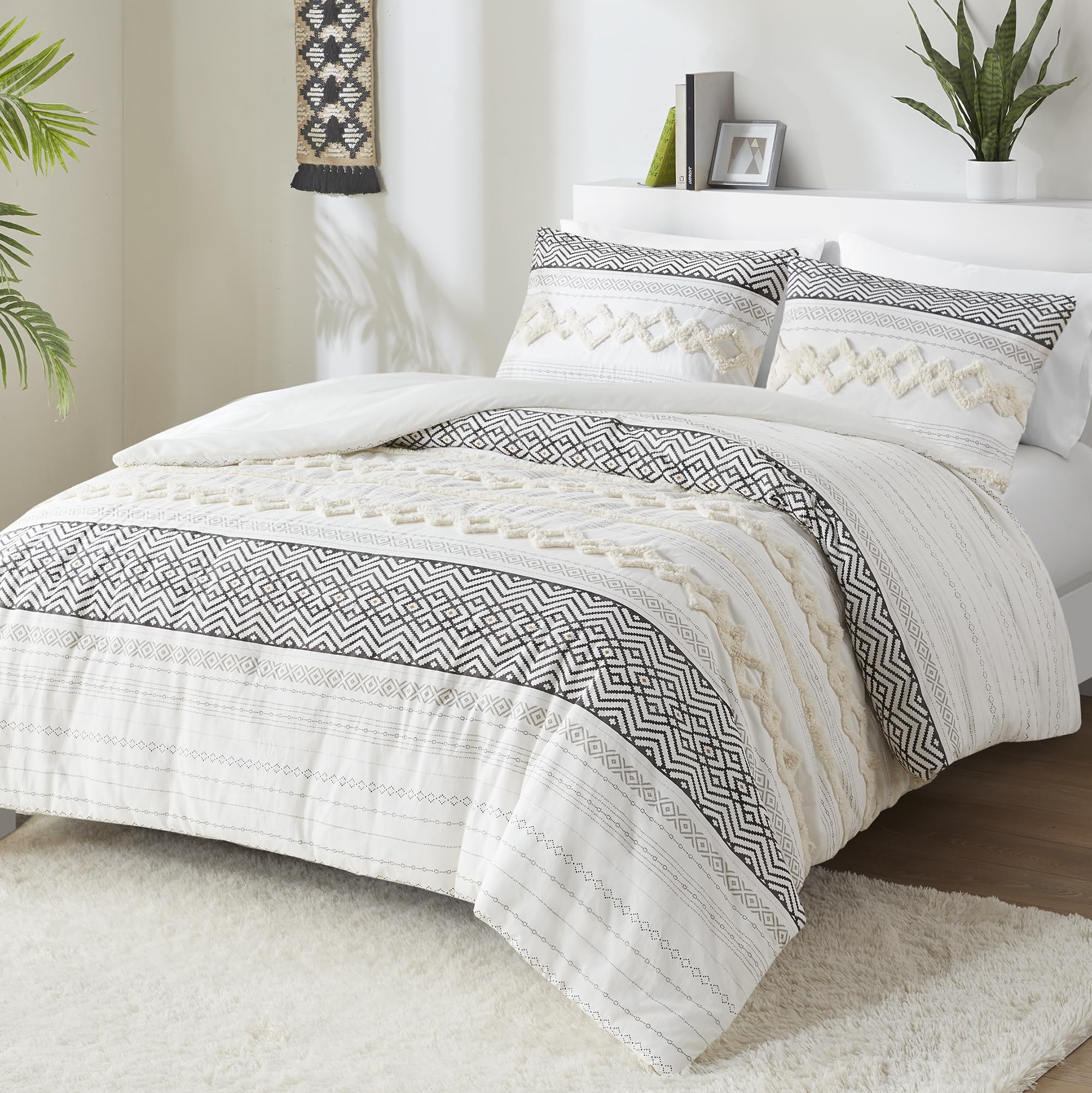 Hyde Lane Farmhouse Bedding Comforter Sets King, Ivory Boho Bed Set,Cotton Top With Modern Neutral Style Clipped Jacquard Stripe