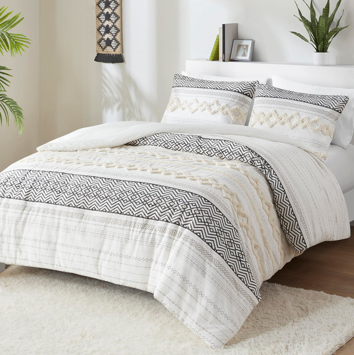 Hyde Lane Farmhouse Bedding Comforter Sets, Ivory Full/Queen Size Boho Bed Set,Cotton Top With Modern Neutral Style Clipped Jacq