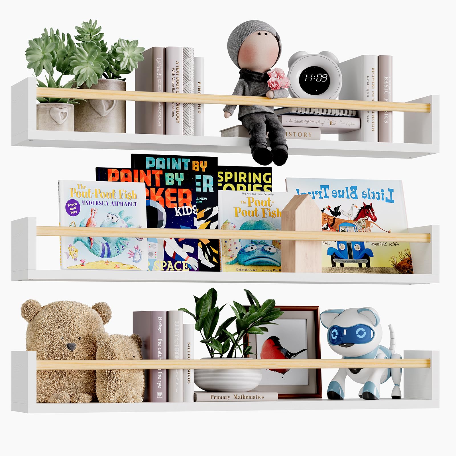 Fixwal Nursery Book Shelves, 23.6 Inch Floating Bookshelves For Wall Set Of 3, Baby Nursery Decor, Solid Wood Wall Mounted Shelves For Books, Toys And Decor Storage (White And Natural Wood)