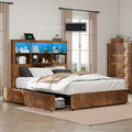 LUXOAK Queen Size Bed Frame with LED Bookcase Headboard, Wooden Storage Bed with Charging Station & 4 Drawers, No Box Spring Nee