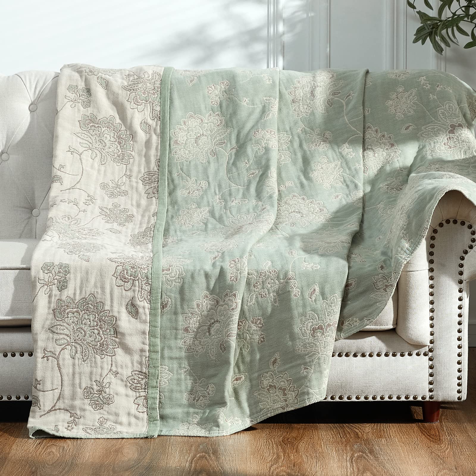 Jinchan Boho 100% Cotton Blanket Fall Muslin Lightweight Twin Size 4-Layer Throw Blanket For Couch Soft All Season Floral Cotton