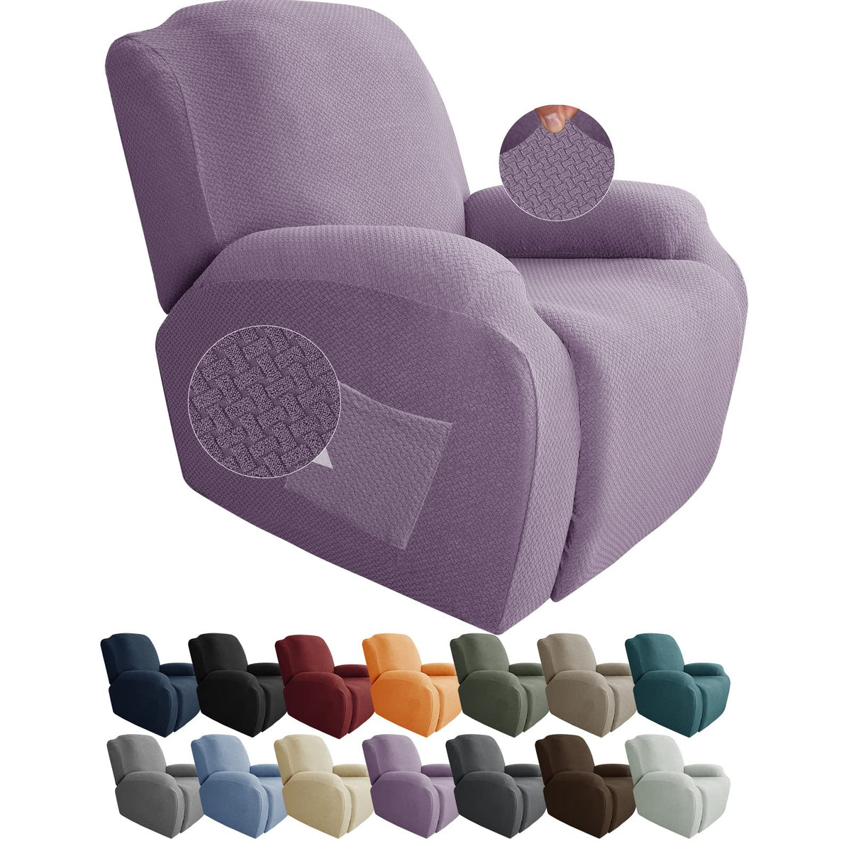 Jiviner Newest Design 4-Piece Recliner Chair Covers Stretch Jacquard Covers For Recliner Chair Recliner Slipcovers For Living Room Soft Recliner Protector With Pocket (Recliner, Light Purple)