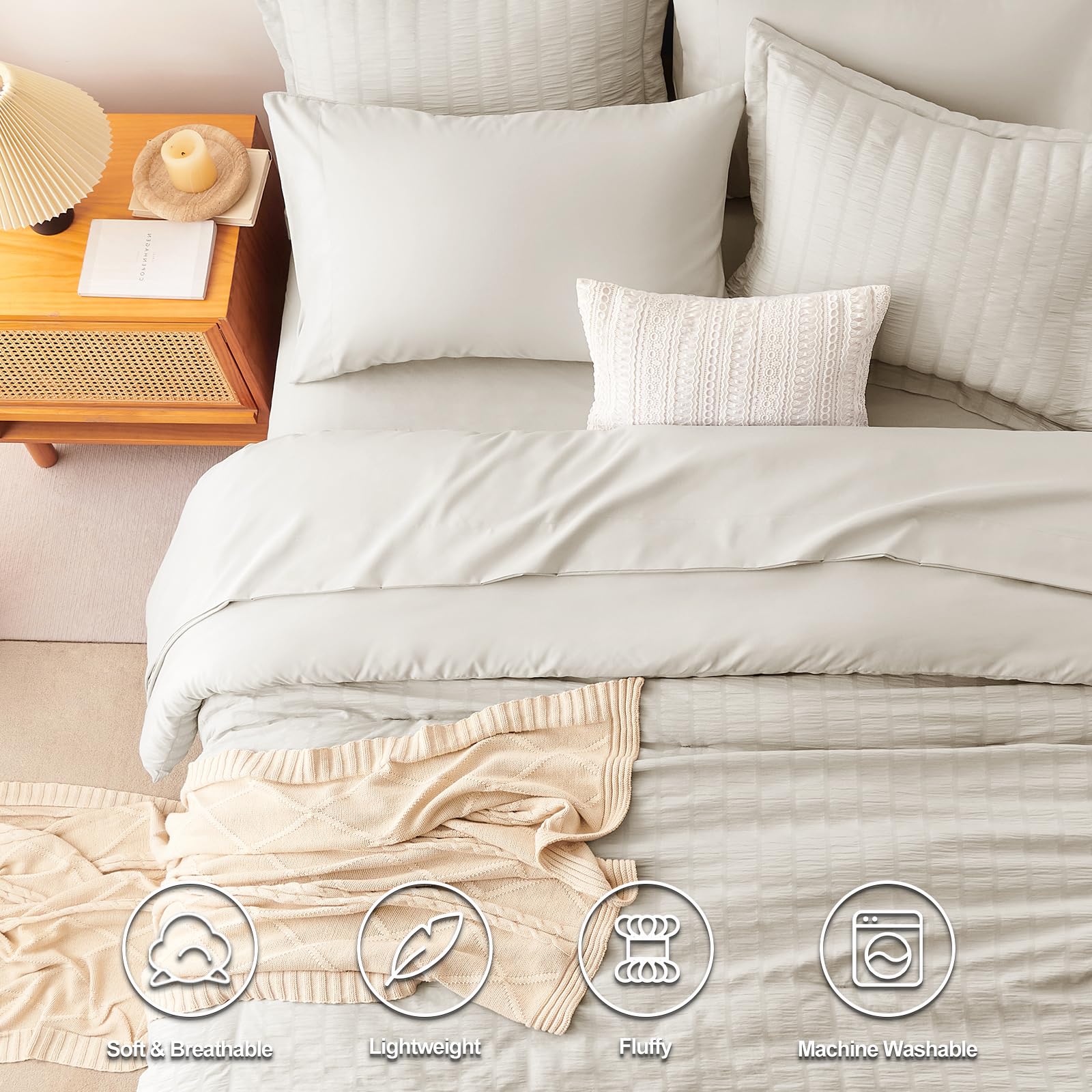 Cozylux King Seersucker Comforter Set With Sheets Beige Bed In A Bag 7-Pieces All Season Bedding Sets With Comforter, Pillow Sham, Flat Sheet, Fitted Sheet, Pillowcase