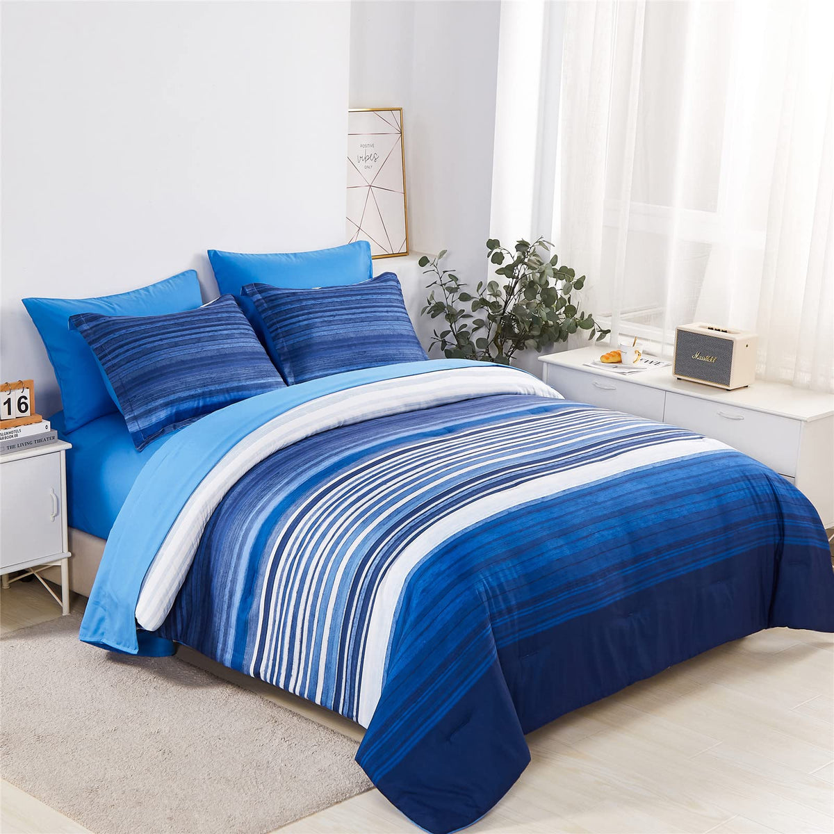 Kakijumn 7 Piece Bed In A Bag Stripe Comforter Set Queen Size, White And Blue Patchwork Striped Comforter And Sheet Set, All Sea