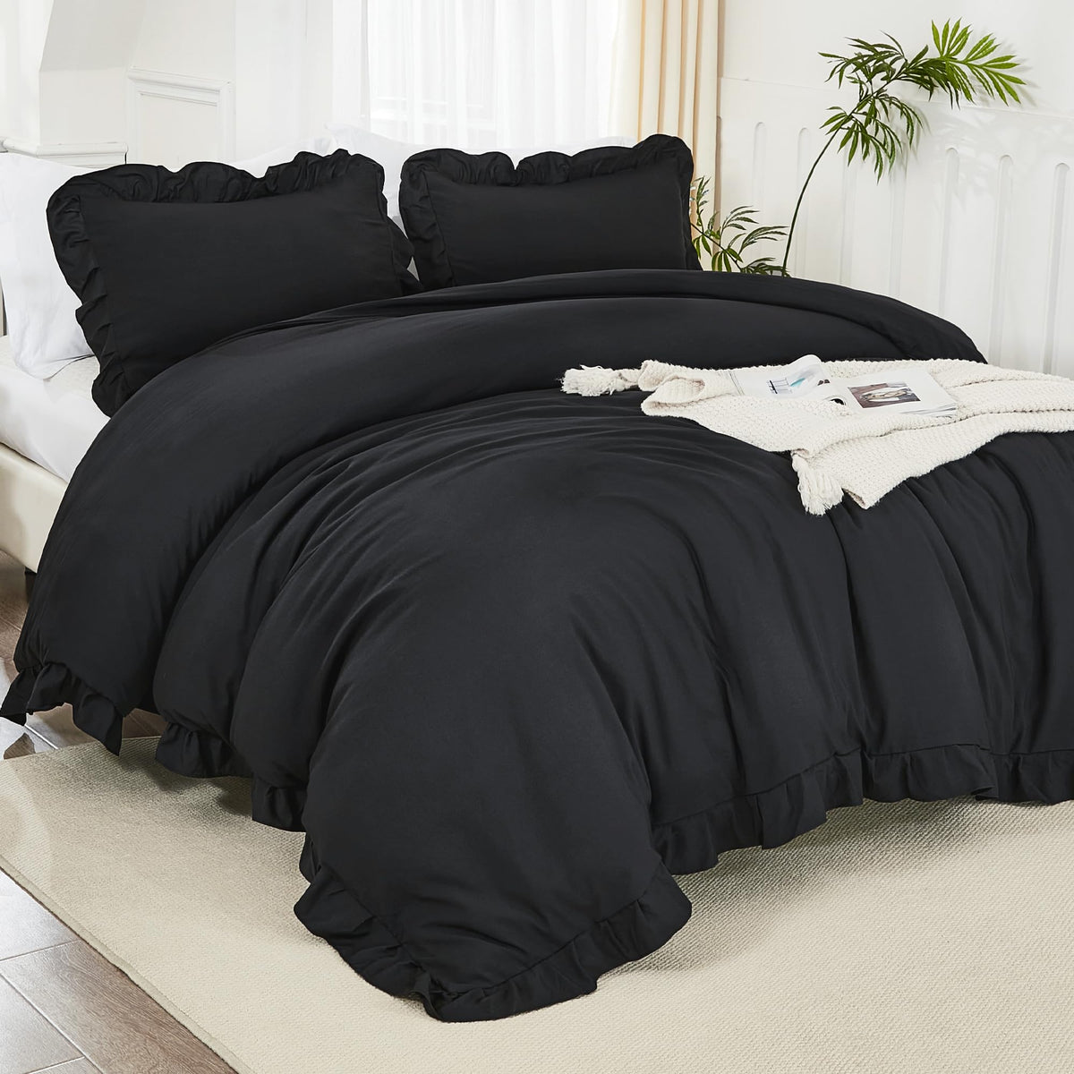 Litanika Black Queen Comforter Set, 3 Pieces Ruffle Farmhouse Aesthetic Bedding Comforter Set, All Season Soft Lightweight Fluff