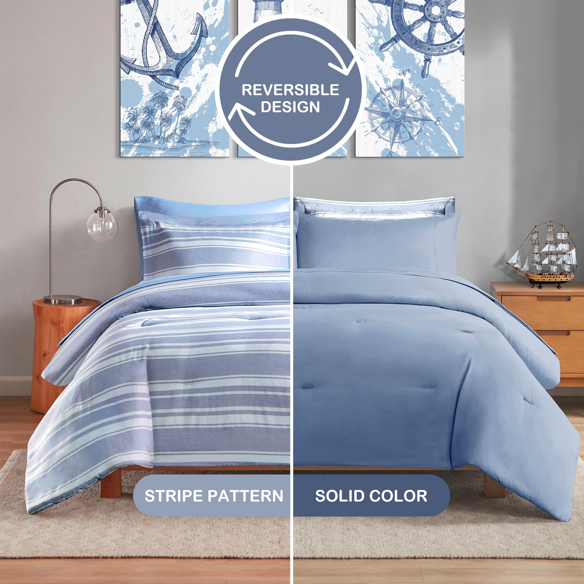 Codi King Size Bedding Comforter Sets With Sheets, Blue White Striped Bed In A Bag Reversible For All Seasons, Modern Cationic D