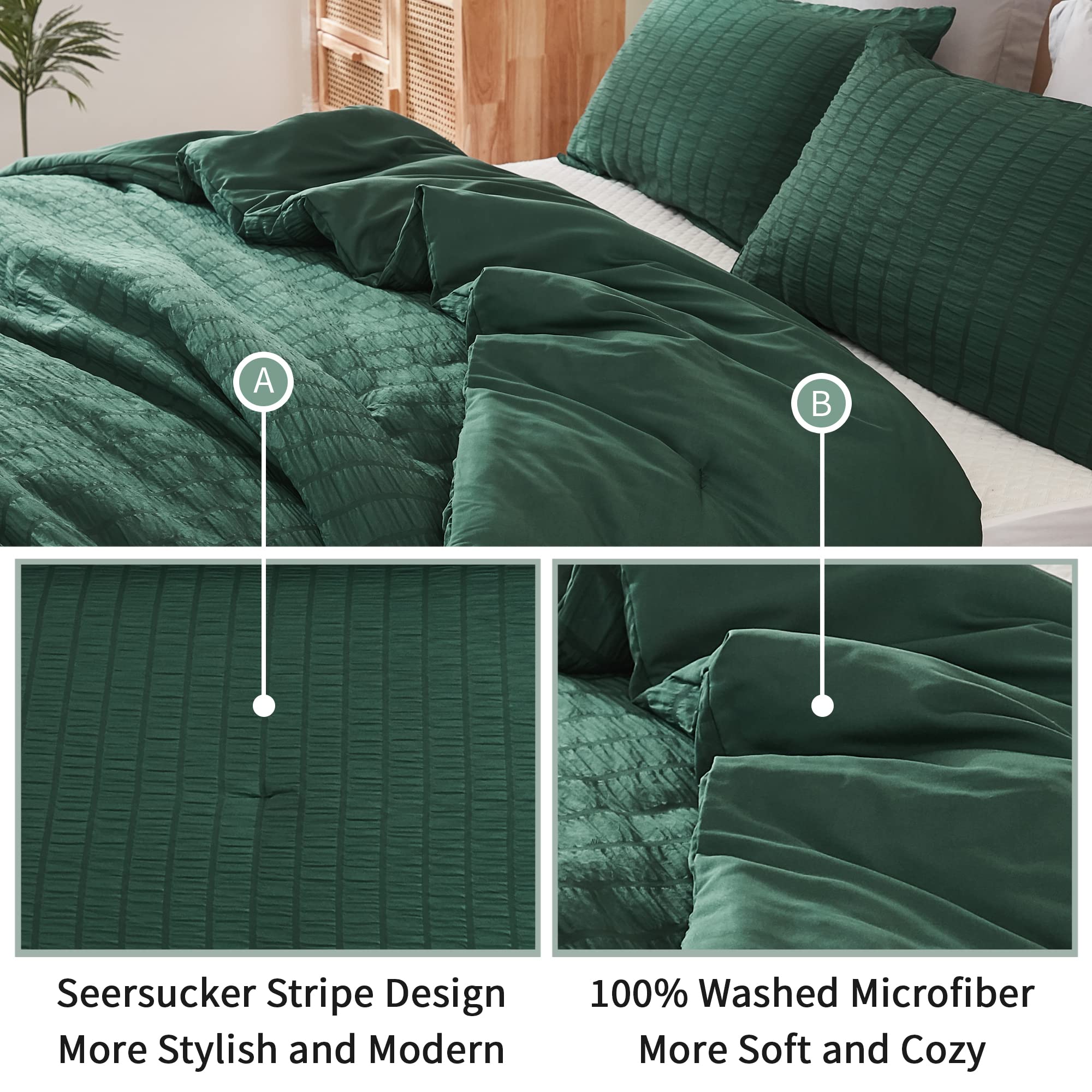 Avelom Dark Green Seersucker Queen Comforter Set (90X90 Inches), 3 Pieces-100% Soft Washed Microfiber Lightweight Comforter With 2 Pillowcases, All Season Down Alternative Comforter Set For Bedding